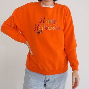 Vintage Endless Designs Orange Embroidered Happy Halloween Crewneck Sweater S